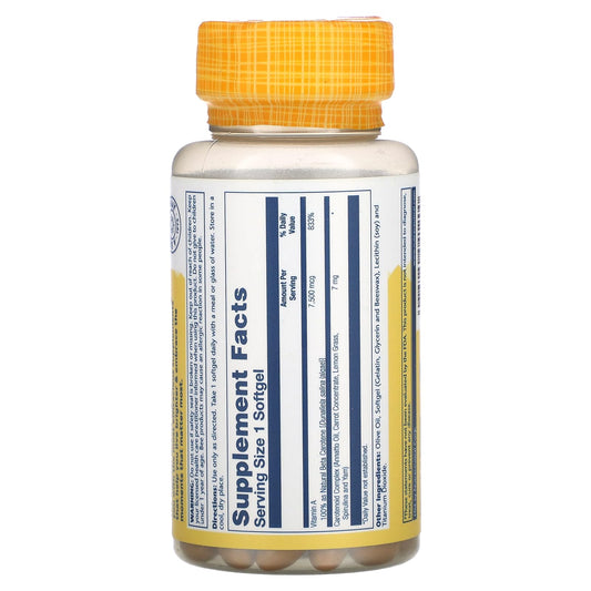 Close-up of plant-sourced Beta Carotene capsules by Solaray