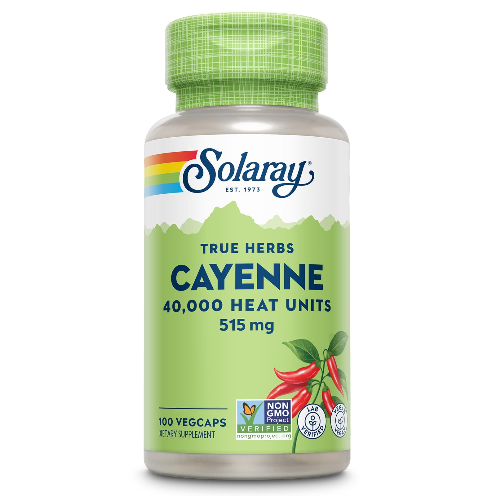 SOLARAY Cayenne Pepper Capsules bottle with label listing 40,000 SHU per serving