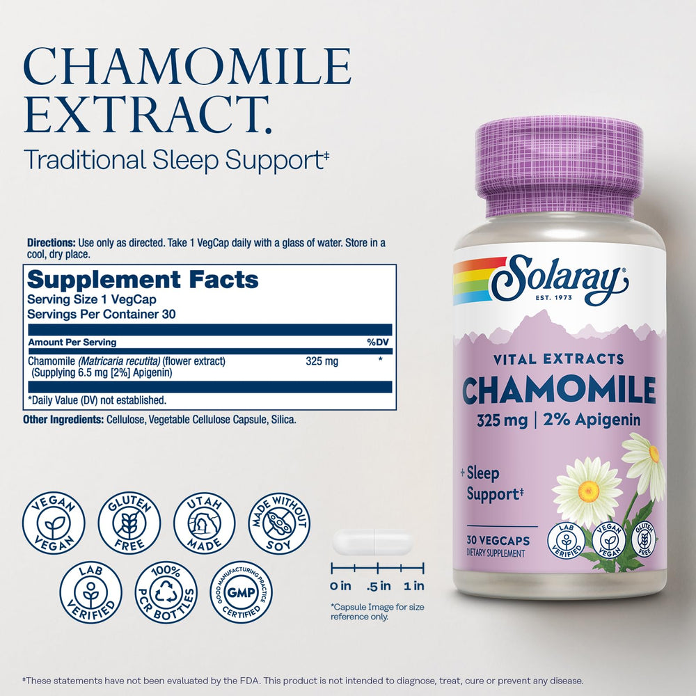 Label showing supplement facts and ingredients for Chamomile Extract