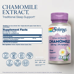 Label showing supplement facts and ingredients for Chamomile Extract