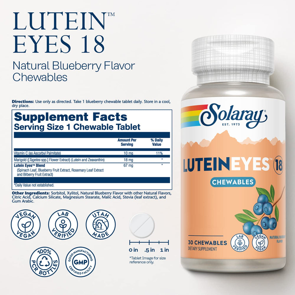 Close-up of SOLARAY Lutein Eyes 18 chewable tablets