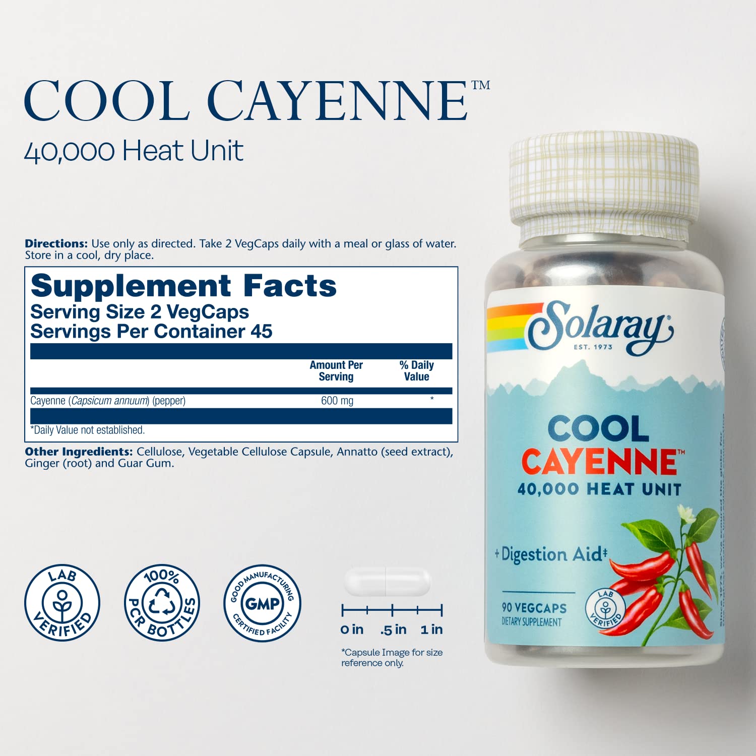 Close-up view of capsules inside the Solaray Cool Cayenne bottle