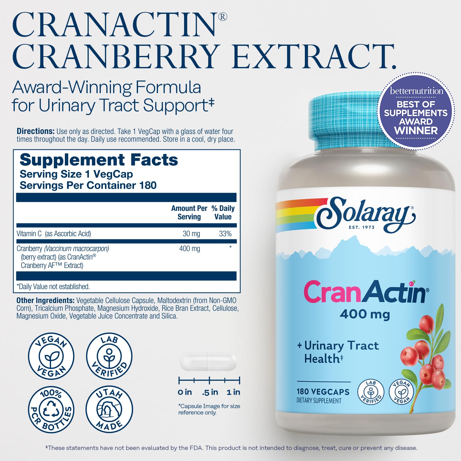 Solaray Cranactin Cranberry AF Extract Capsules 400 mg bottle close-up