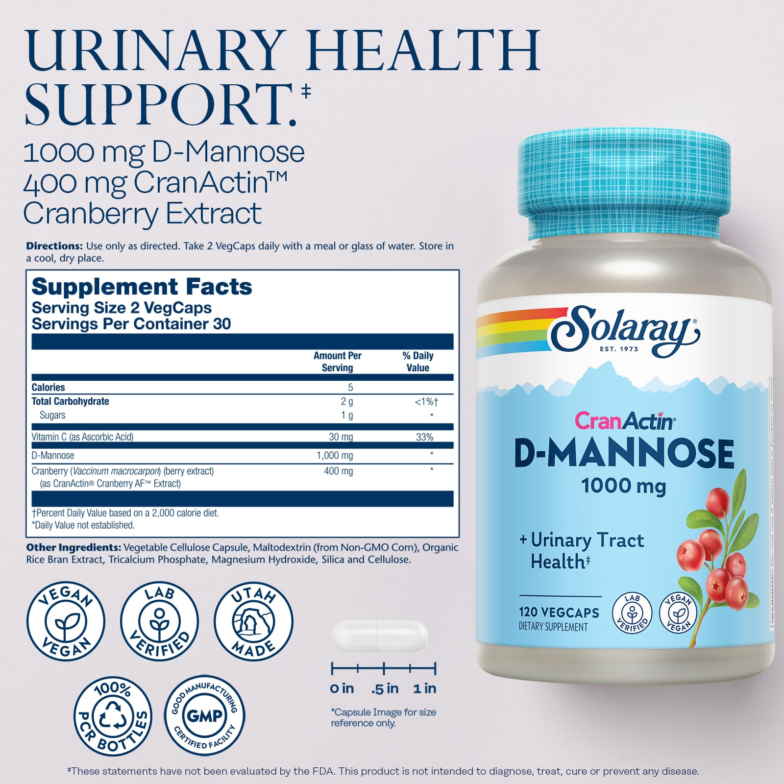 Close-up of D-Mannose and CranActin Cranberry Extract ingredients