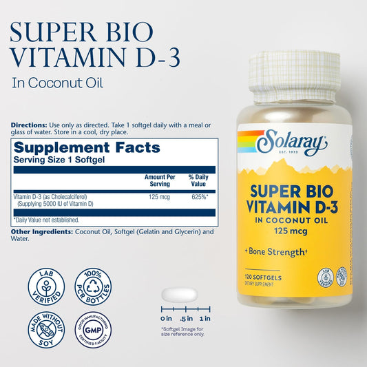 Close-up of 5000 IU Vitamin D3 softgels in bottle