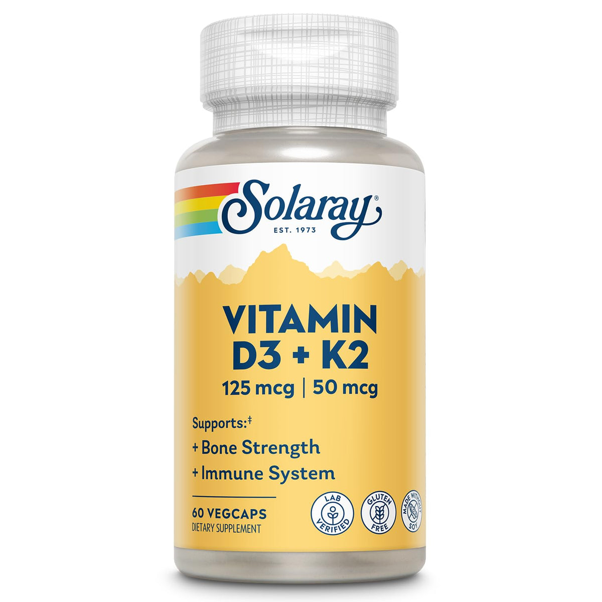 Bottle of SOLARAY Vitamin D3 K2 bone health capsules