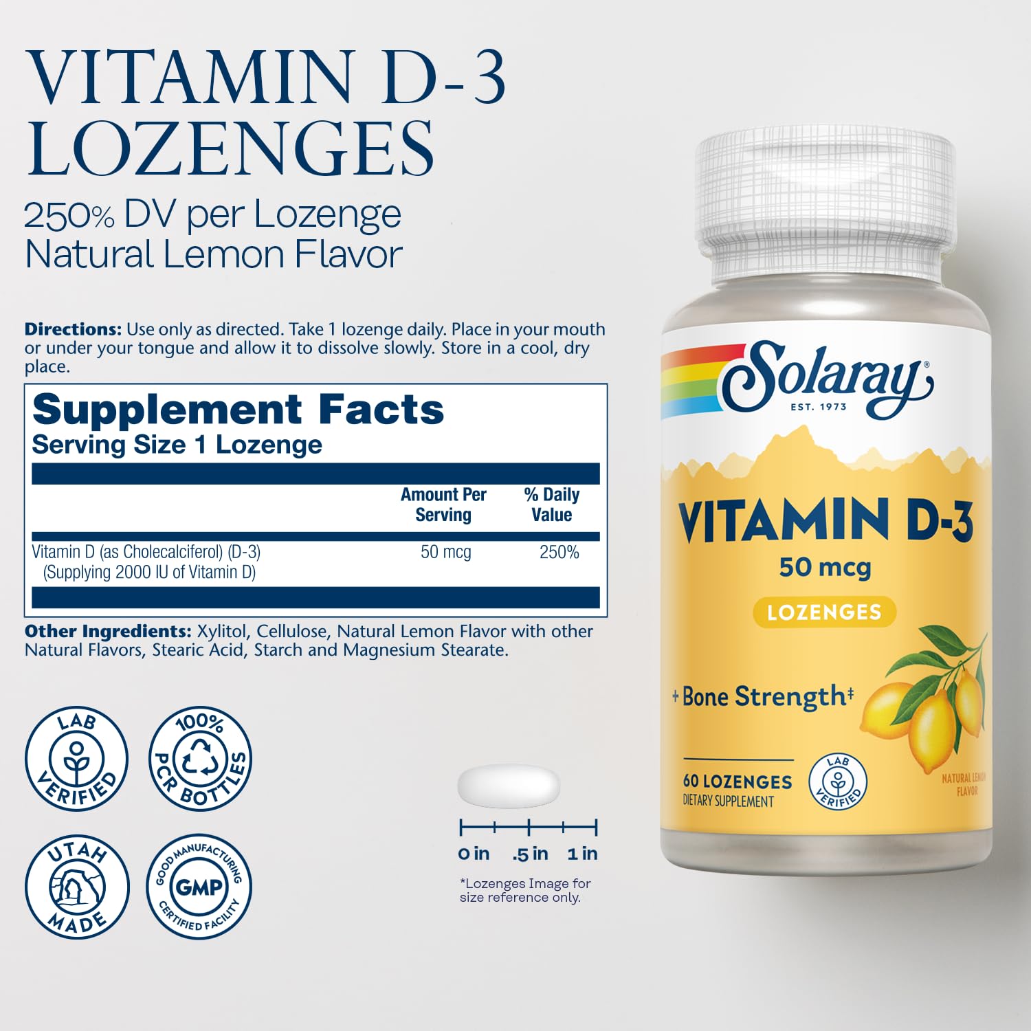 Close-up of lemon-flavored Vitamin D3 lozenges (50 mcg/2000 IU)