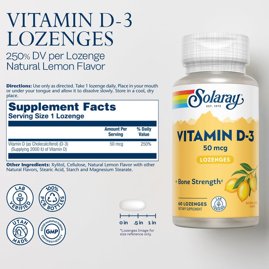 Close-up of lemon-flavored Vitamin D3 lozenges (50 mcg/2000 IU)