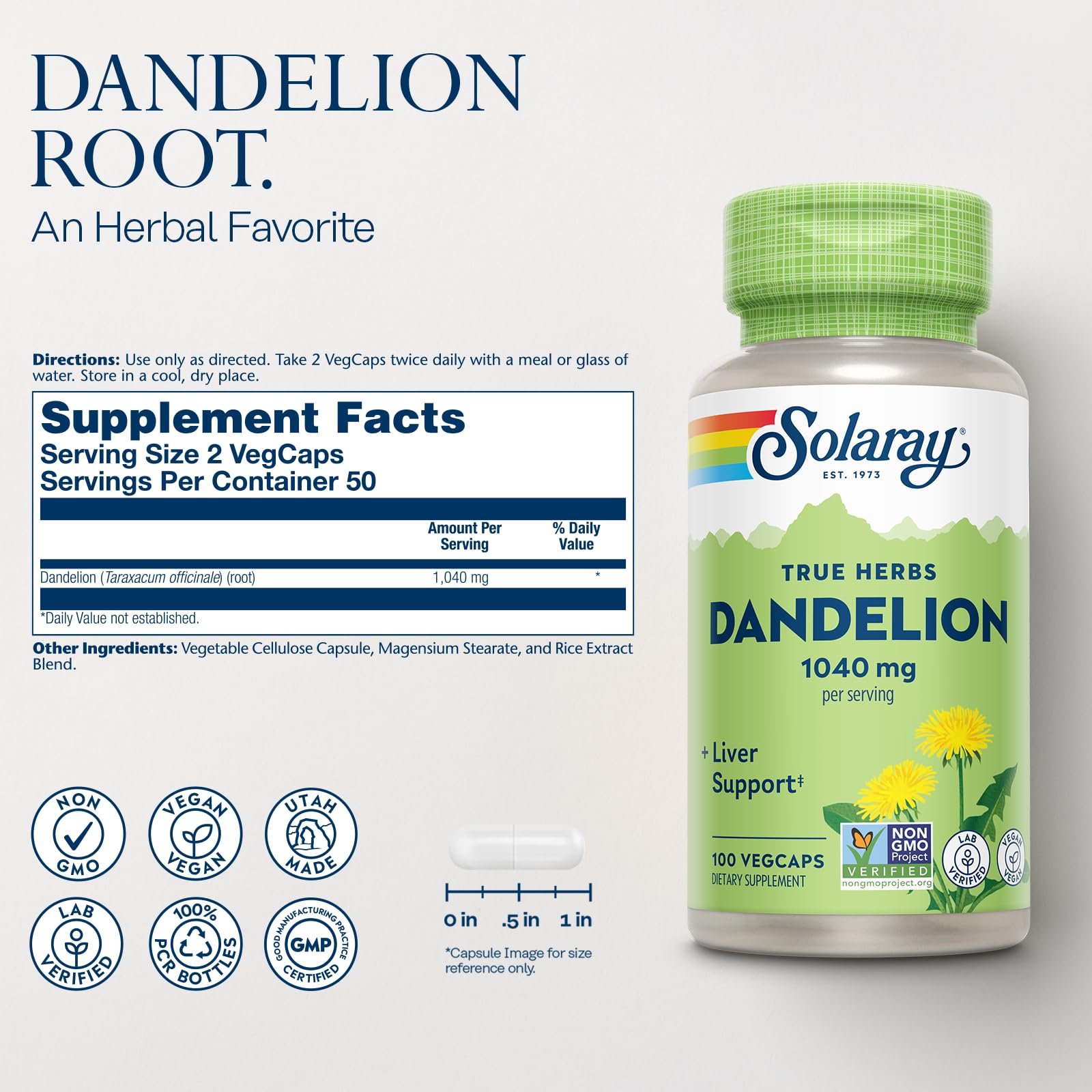 Vegan capsules of SOLARAY Dandelion Root Supplement