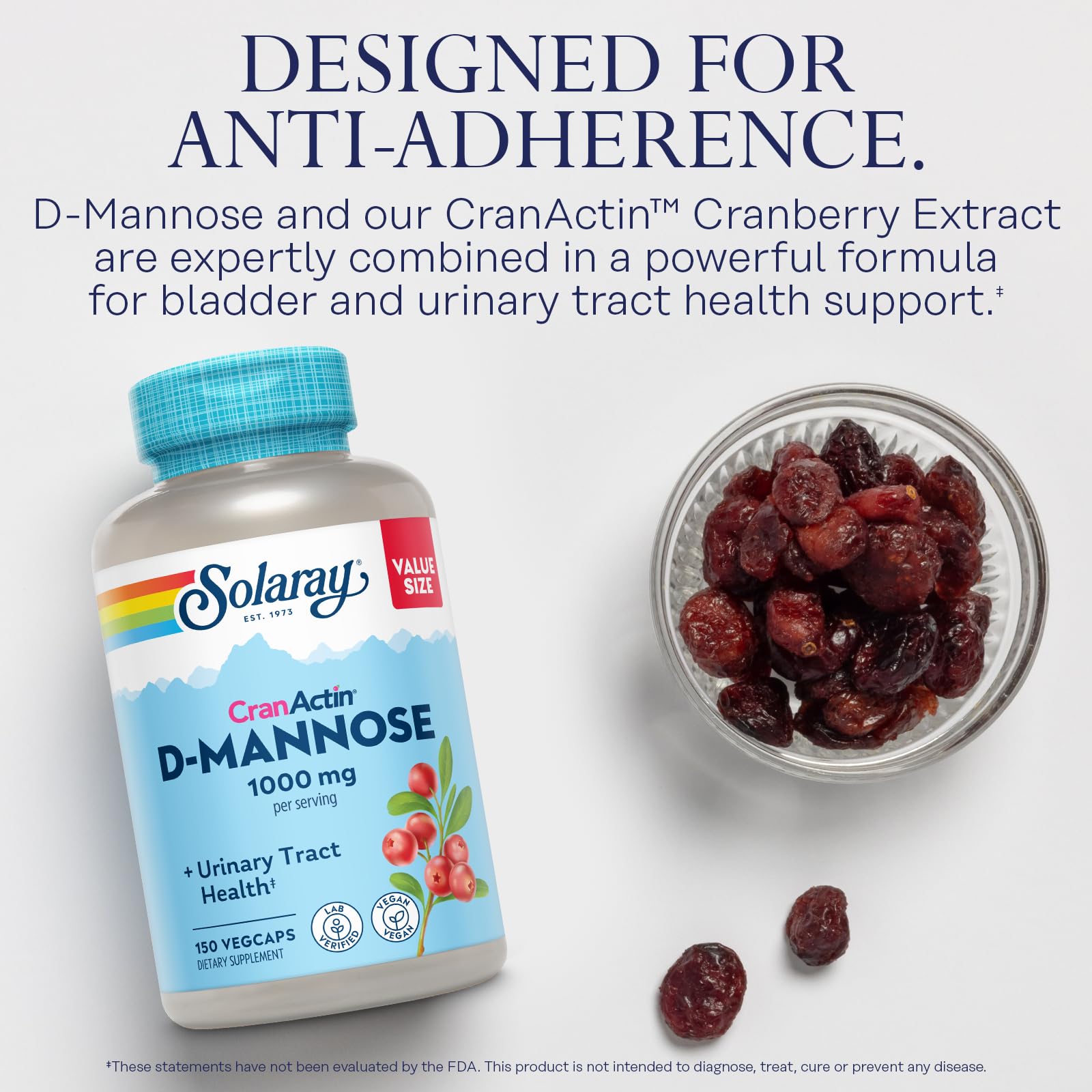 Close-up of Solaray D-Mannose capsules showing vegan formula.
