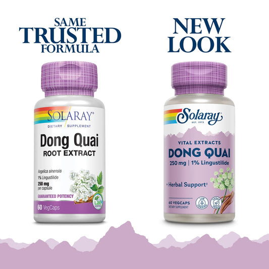 Close-up of Solaray Dong Quai Root Extract bottle and label