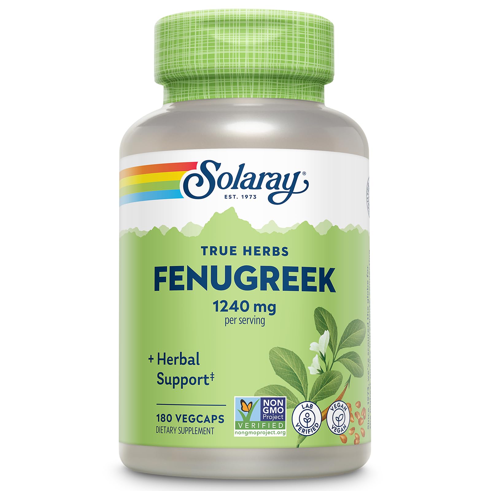 Solaray Fenugreek Seed 1240 mg 90 VegCaps bottle close up