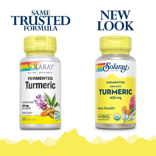 SOLARAY Fermented Turmeric Root 500mg 100 VegCaps bottle with capsules side view