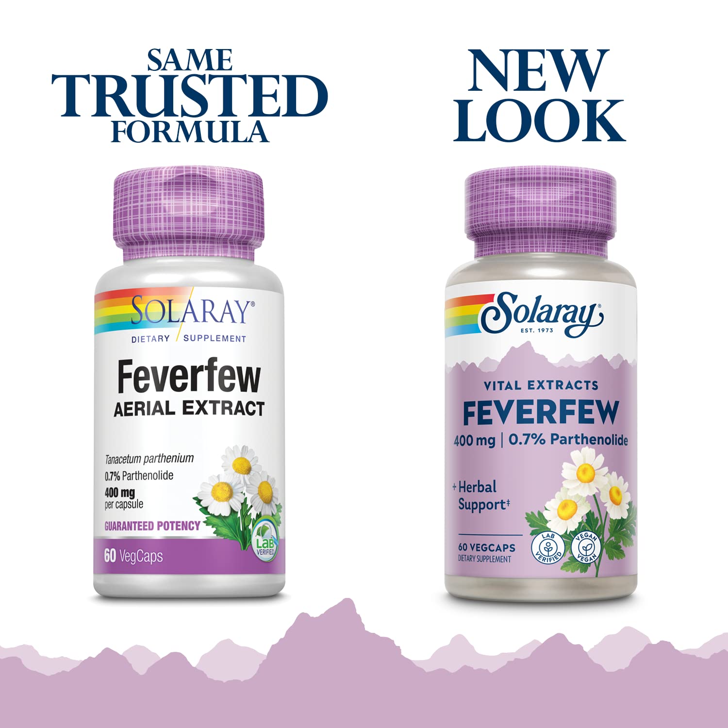 Close-up of feverfew extract bottle label showing parthenolide content