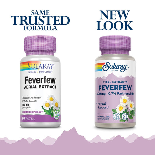 Close-up of feverfew extract bottle label showing parthenolide content