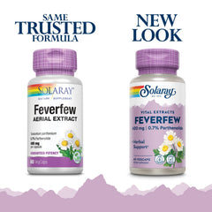 Close-up of feverfew extract bottle label showing parthenolide content