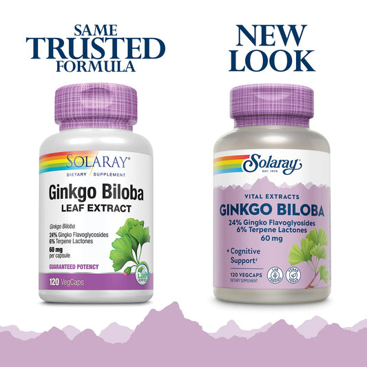 Close-up of Solaray Ginkgo Biloba 60 mg Veg Cap capsules