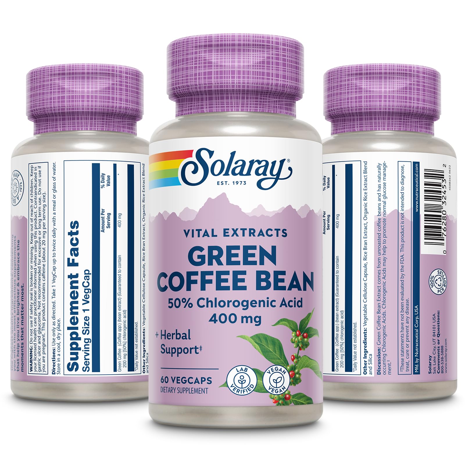 Close-up of Solaray Green Coffee Bean Extract Veg Cap 400 mg bottle label