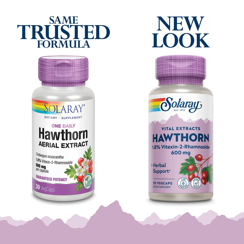Close-up of SOLARAY Hawthorn Extract 600mg bottle label - 30-count