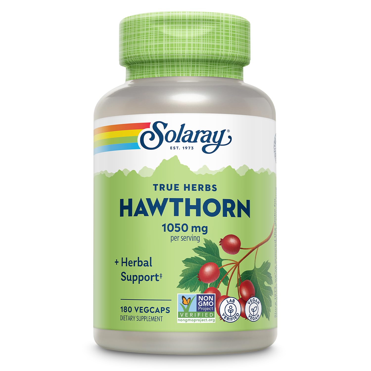 Solaray Hawthorn Berry Capsules bottle label with 1050 mg per serving