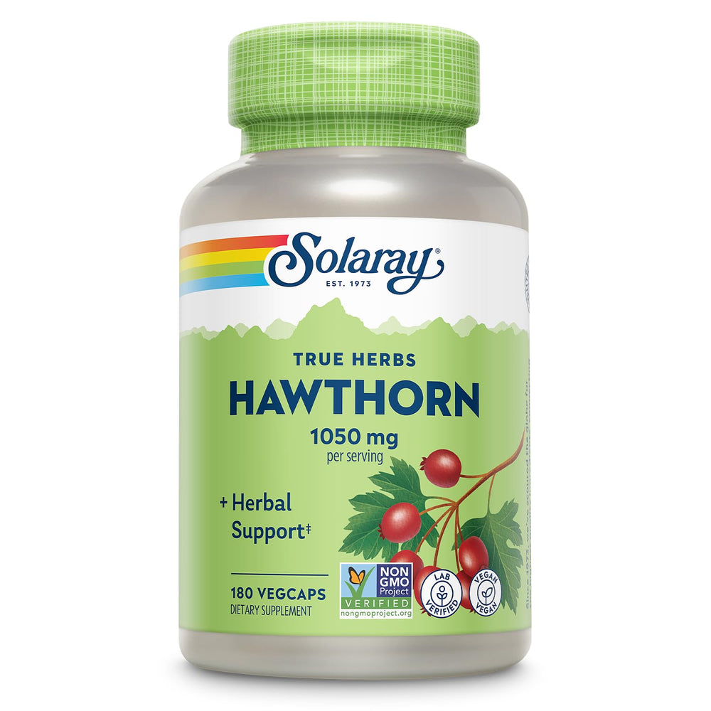 Solaray Hawthorn Berry Capsules bottle label with 1050 mg per serving
