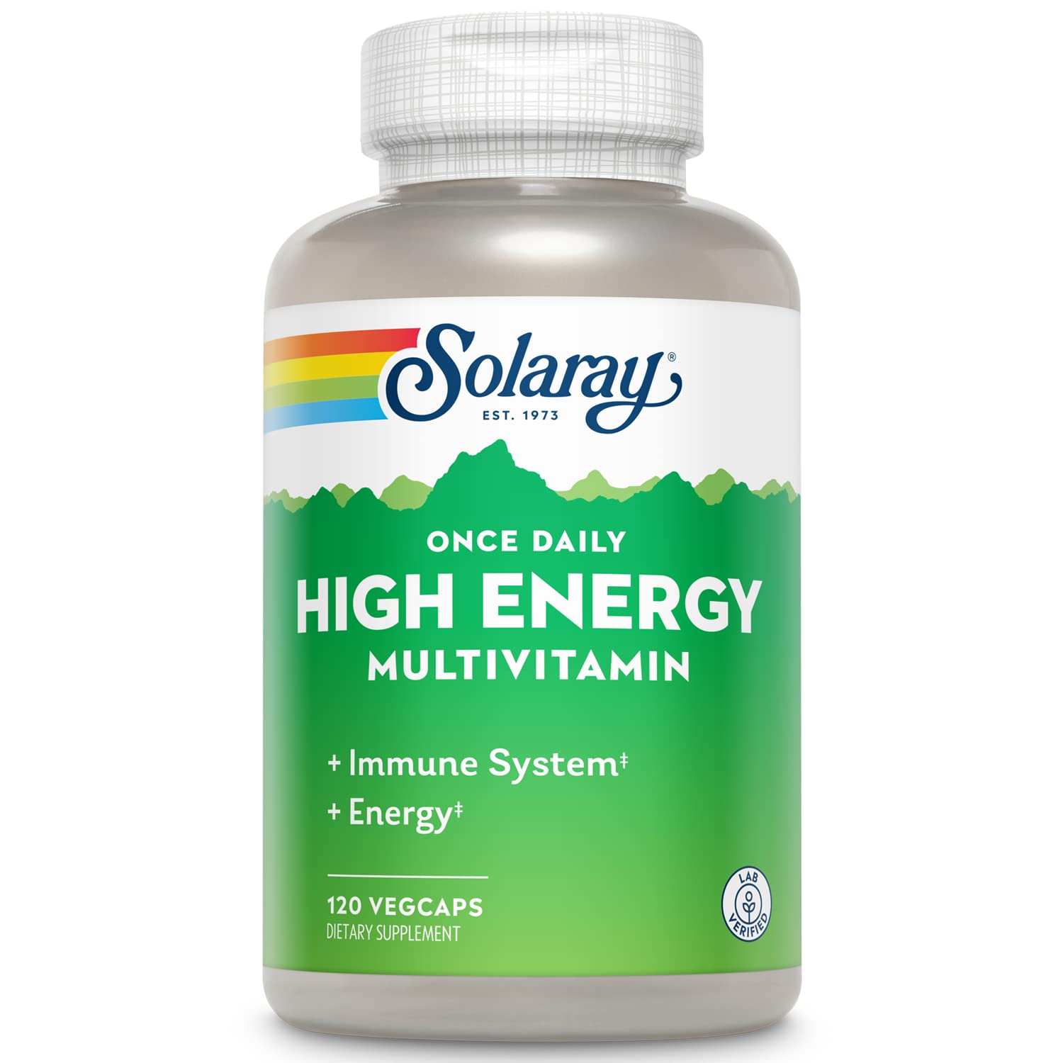 Front view of SOLARAY High Energy Multivitamin bottle with iron-free label