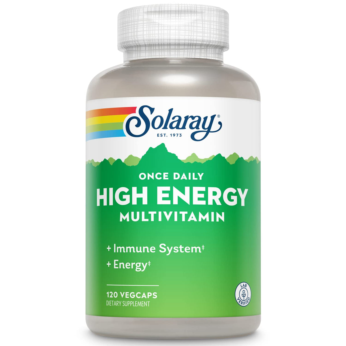 Front view of SOLARAY High Energy Multivitamin bottle with iron-free label