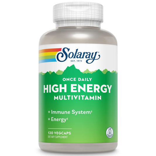 Front view of SOLARAY High Energy Multivitamin bottle with iron-free label