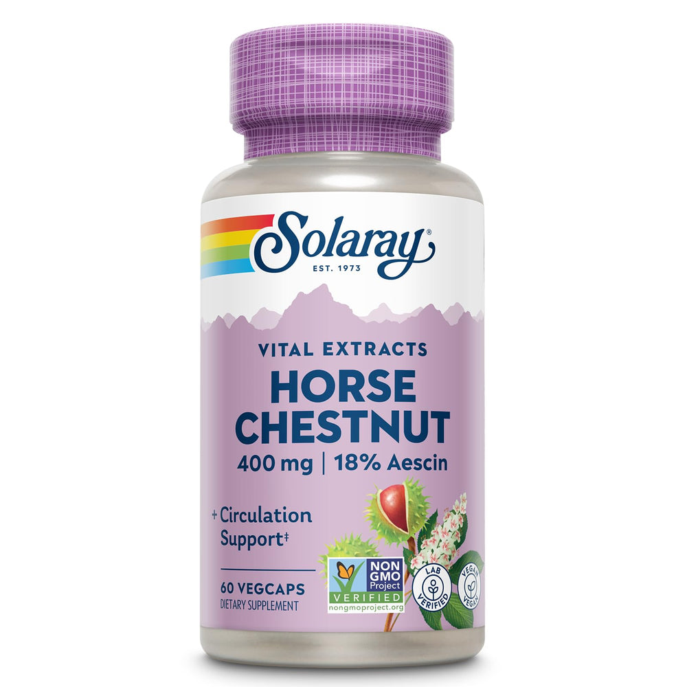 Bottle label showing Solaray Horse Chestnut Extract 400 mg with 72 mg aescin and 55 mg butcher's broom