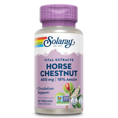 Bottle label showing Solaray Horse Chestnut Extract 400 mg with 72 mg aescin and 55 mg butcher's broom