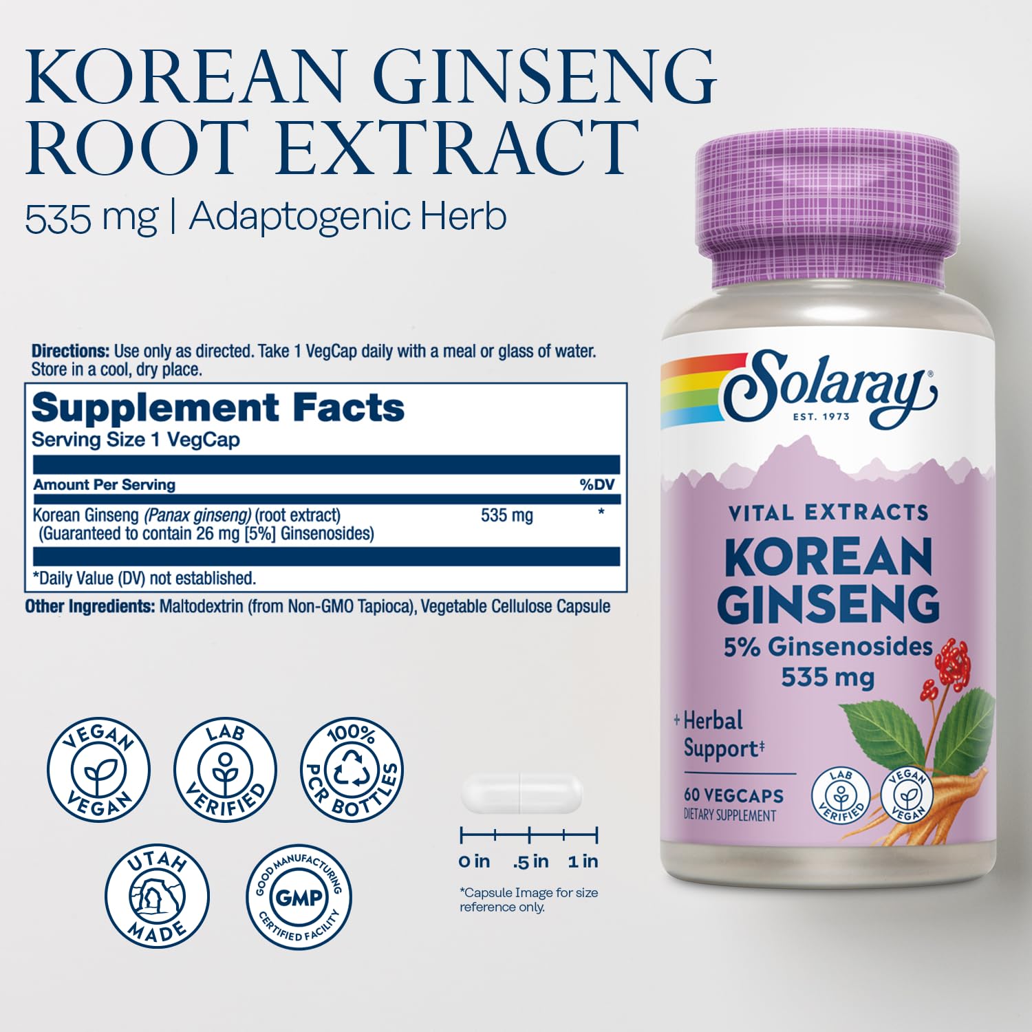 Back label with supplement facts for SOLARAY Korean Ginseng Root Extract