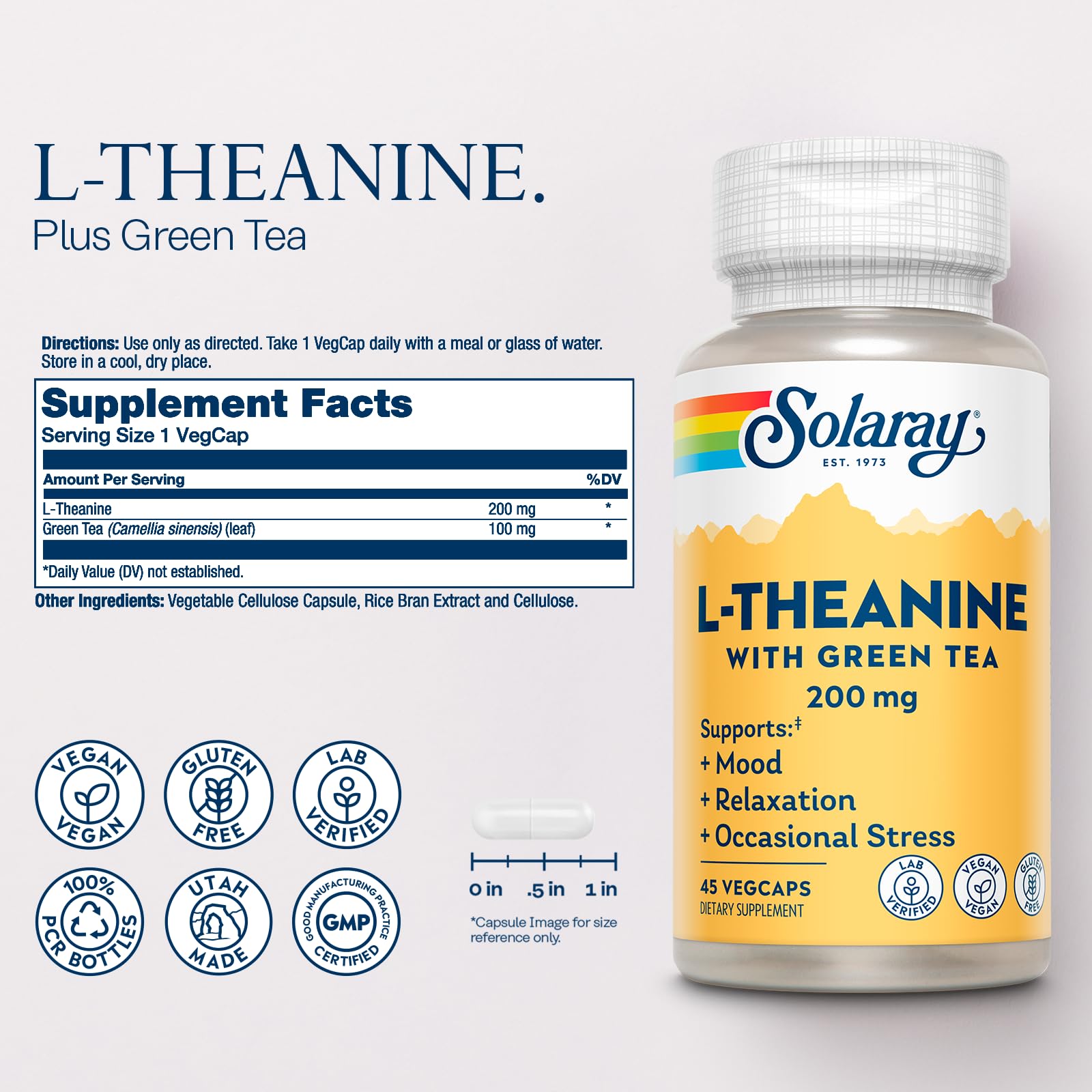 Close-up of L-Theanine 200mg and Green Tea ingredients