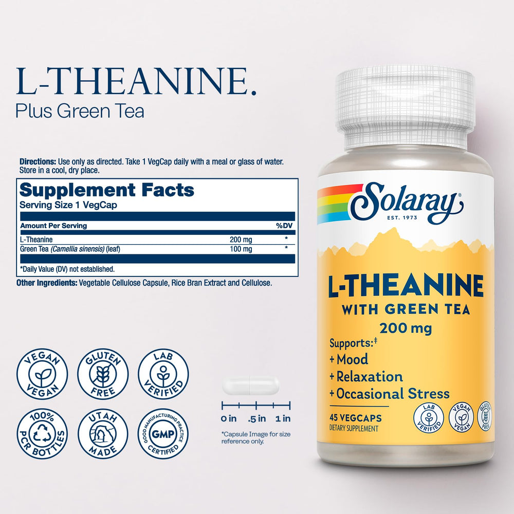 Close-up of L-Theanine 200mg and Green Tea ingredients