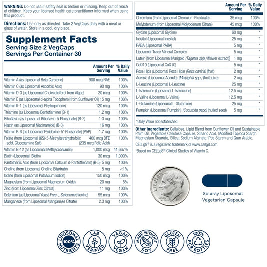 Front view of multivitamin bottle highlighting immune support and energy