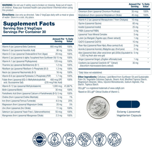 SOLARAY Liposomal Multivitamin for Women 50+ packaging and bottle