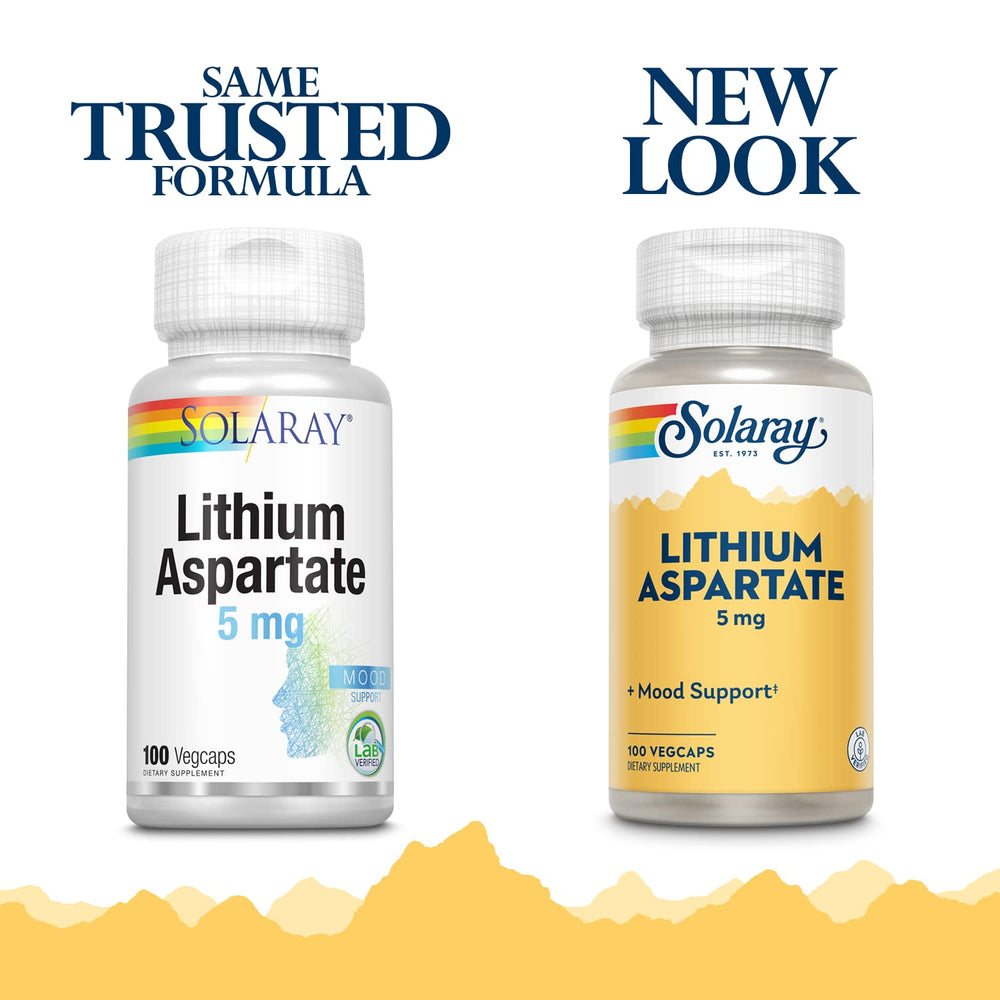 Close-up of SOLARAY Lithium Aspartate 5 mg bottle with 100 capsules