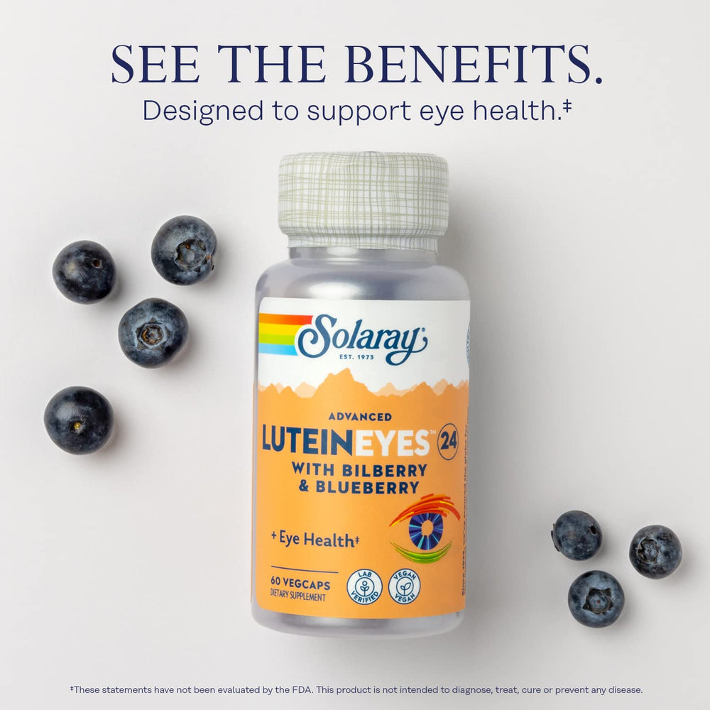 SOLARAY lutein eyes blend image showcases plant-based nutrients like spinach and blueberry