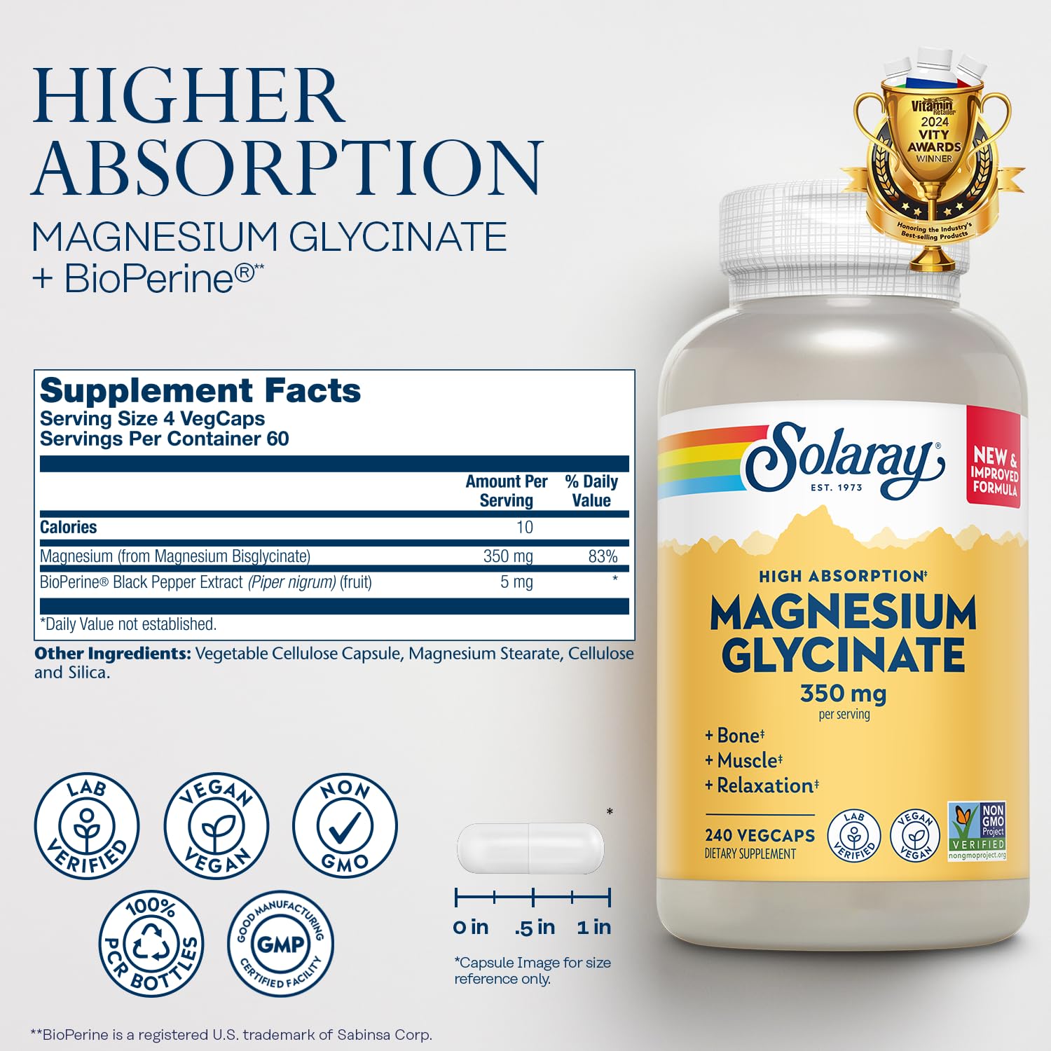 Ingredients panel on the Solaray Magnesium Glycinate bottle