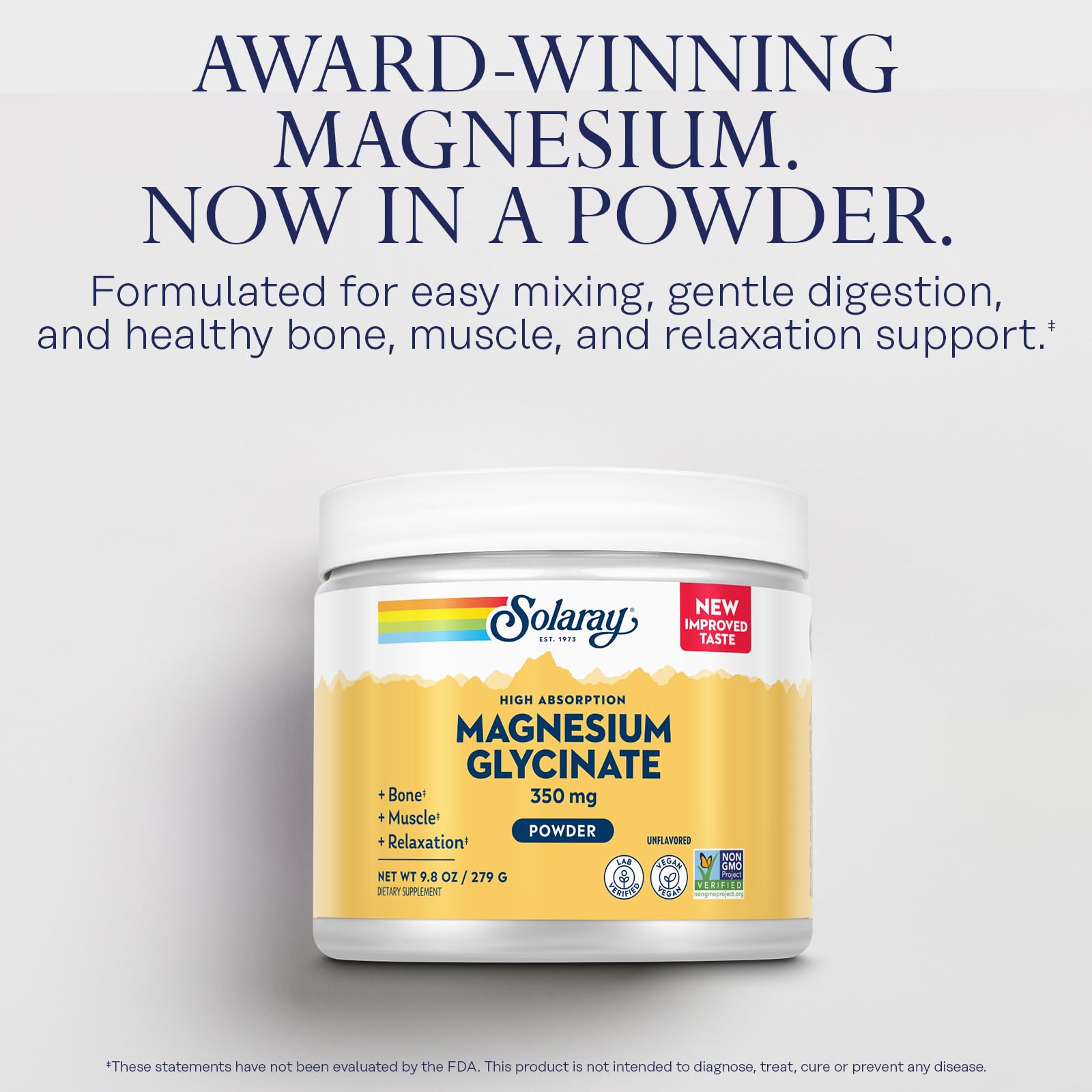 Nutrition facts showing 350 mg magnesium per scoop