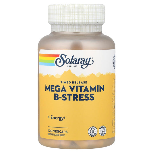Solaray Mega B Stress Two-Stage Timed Release supplement bottle label
