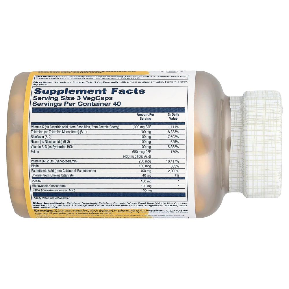 Close-up of Solaray Mega B Stress Two-Stage Timed Release capsules