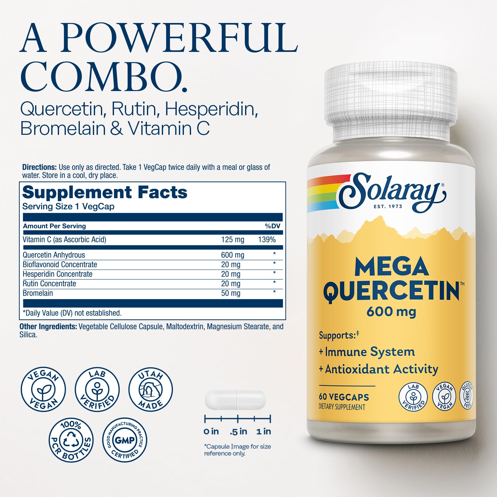 Close-up of Mega Quercetin bottle label showing 600 mg quercetin