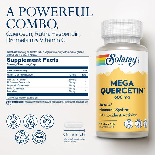 Close-up of Mega Quercetin bottle label showing 600 mg quercetin