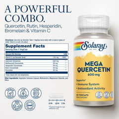 Close-up of Mega Quercetin bottle label showing 600 mg quercetin