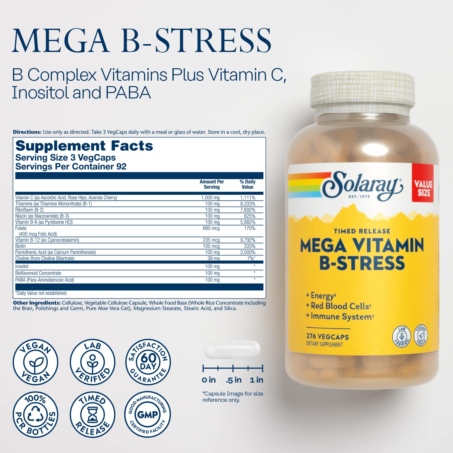 Label showing SOLARAY Mega Vitamin B-Stress ingredients