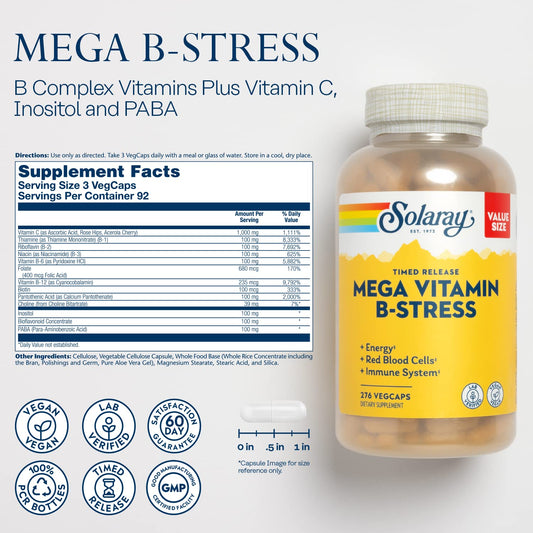 Label showing SOLARAY Mega Vitamin B-Stress ingredients