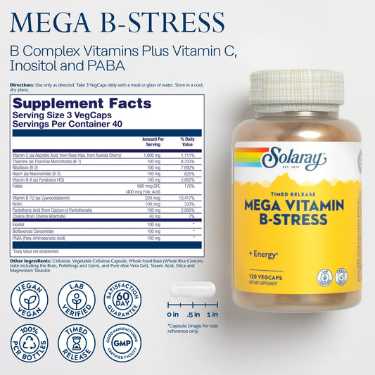 Close-up of SOLARAY Mega Vitamin B-Stress label