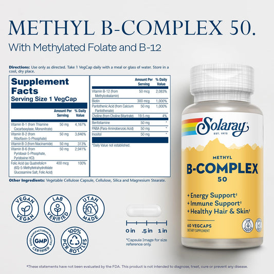 Close-up of methylated B vitamins label showing B12, B6, B1