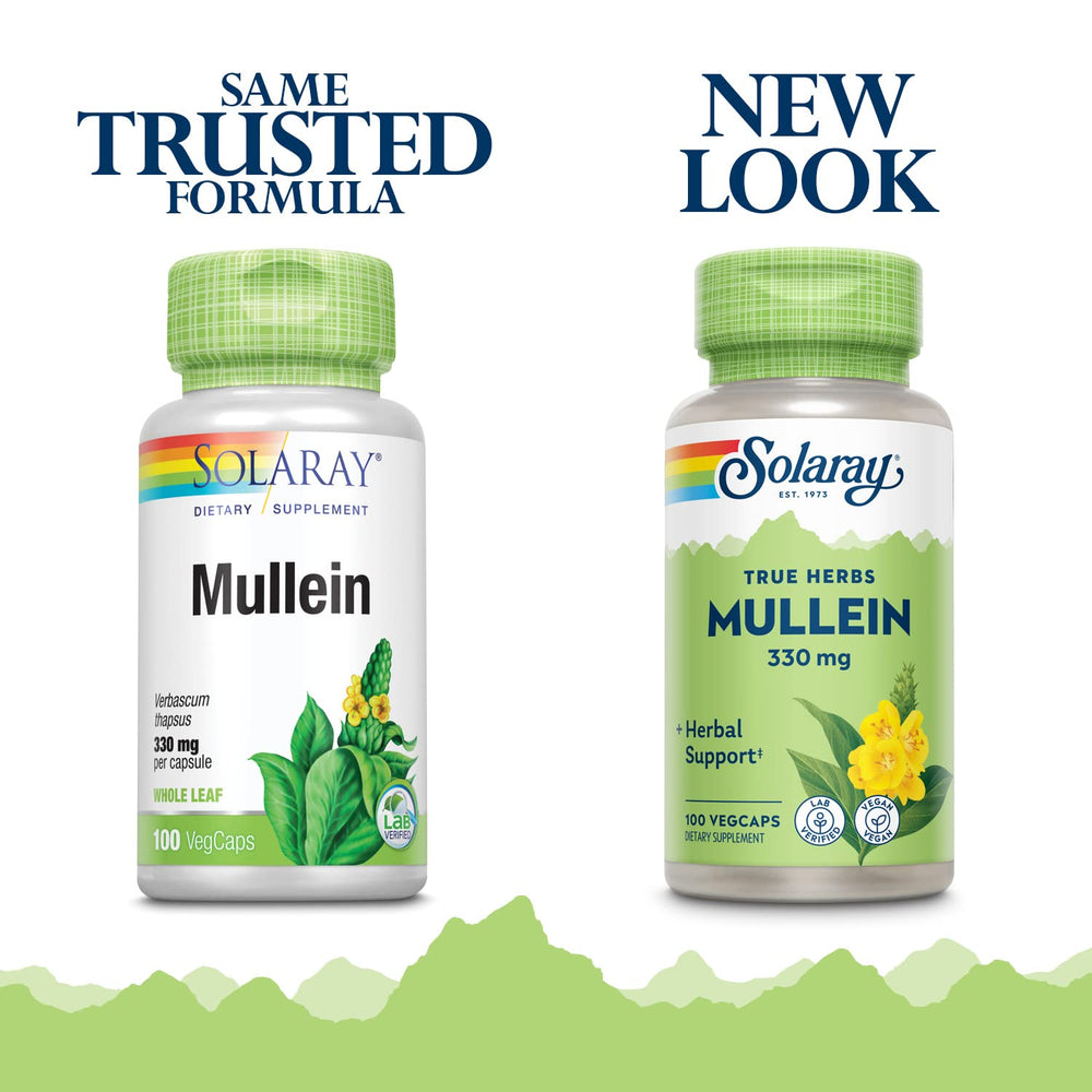 Close-up of SOLARAY bottle label highlighting mullein leaf 330mg