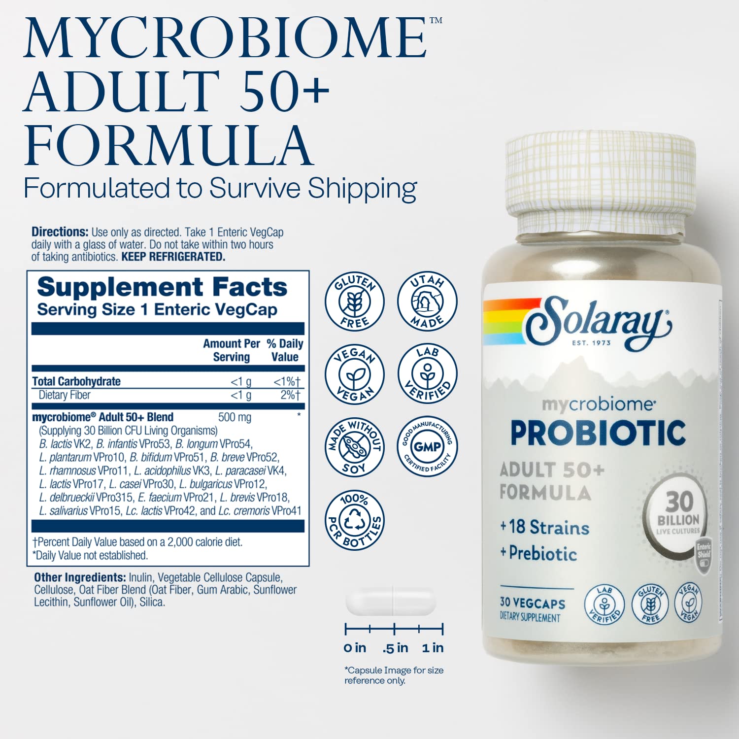 Close-up of SOLARAY Mycrobiome Probiotic VegCaps capsules